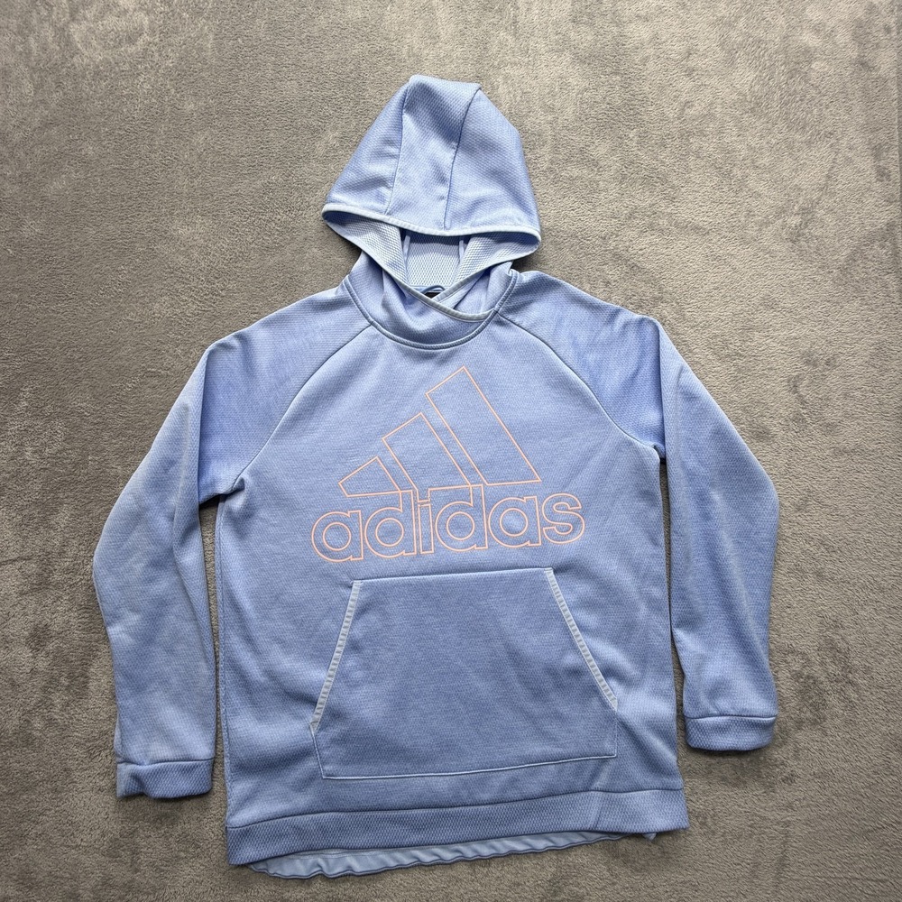 Adidas Hoodie Womens Large Blue‎ Pullover Fleece Logo Graphic Kangaroo Pocket